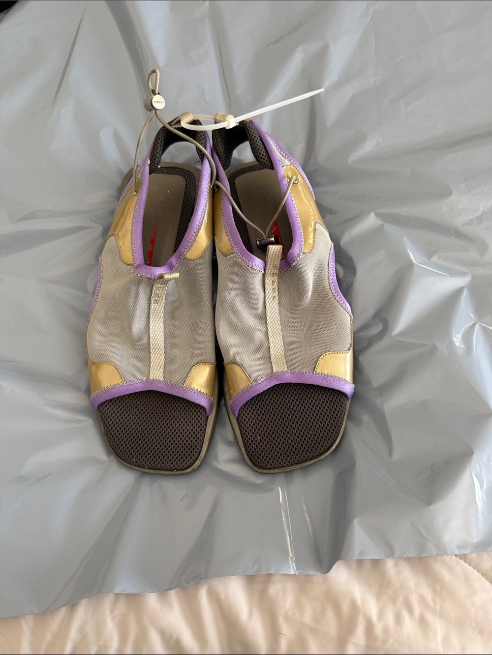 Prada Lavender, Gold & Neutral Open-Toe Slip-On Sandals